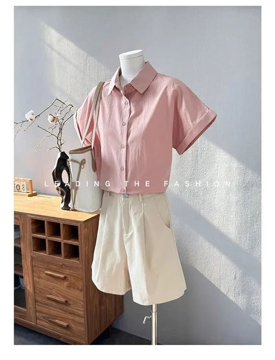 Women Clothing Summer Fashion Casual Button Solid Color Polo Collar Female Simplicity Temperament Appear Thin Short Sleeve Tops
