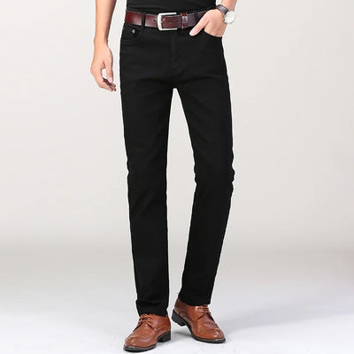 Men's Jeans Pure White Fashion Elastic Slim Youth Slimming Straight Leg Male Pants Business Casual Middle Age High End Trousers