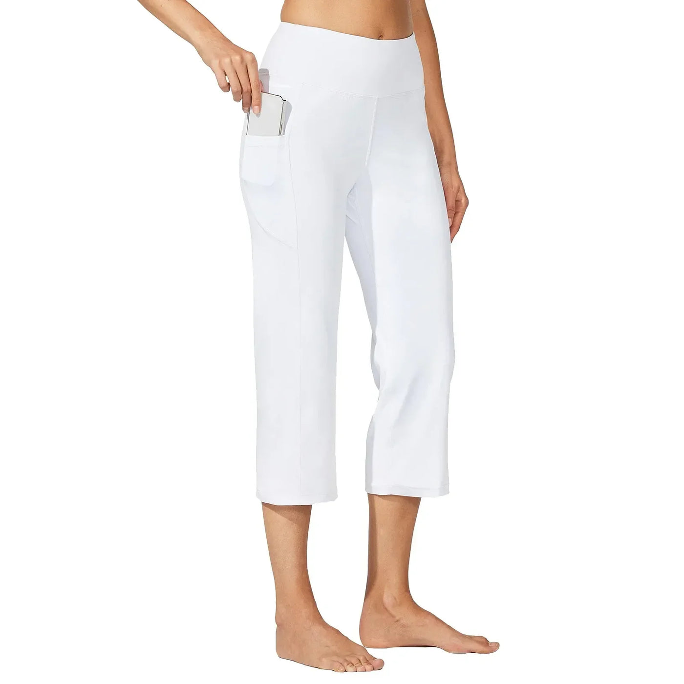 Women  Elastic High Waist 3/4 Pant Casual Active  Fit Wide Capris Leg Pants Trousers With Pockets Pants Woman брюки женские