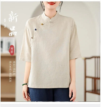 New Women's Retro Cotton Linen Short-sleeved Shirt with Diagonal Placket and Stand-up Collar Tea Top