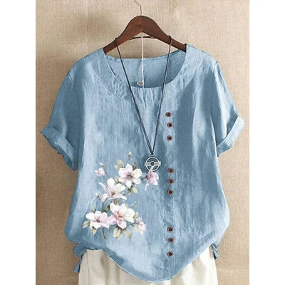 Elegant Comfortable Cotton Linen T-Shirt Women New Single-breasted Splicing Decoration Tops Female Casual Flower Print Tees 2024
