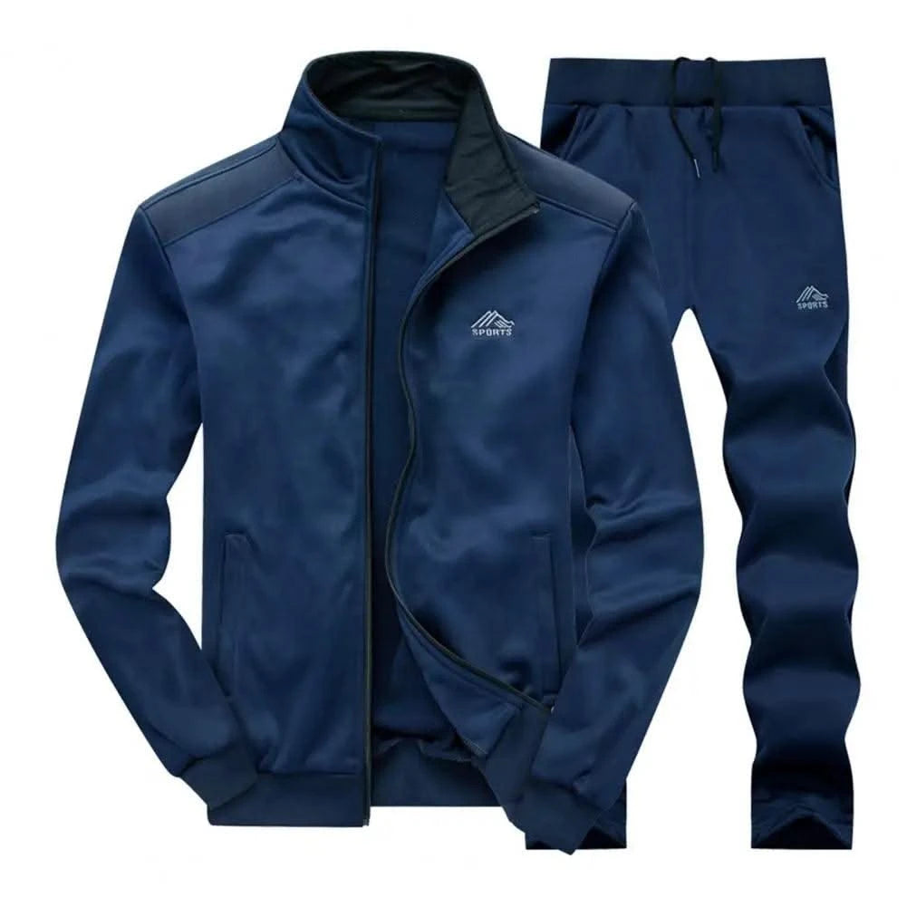 Activewear Men's Athleisure Suit with Stand Collar Coat Elastic Drawstring Waistband Pants Set Zipper Placket Long Sleeve