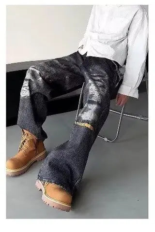High Street Men's Jeans Trendy Printed Pattern Washed Worn-out Straight Leg Jeans American Style Male Denim Pants Black Jeans