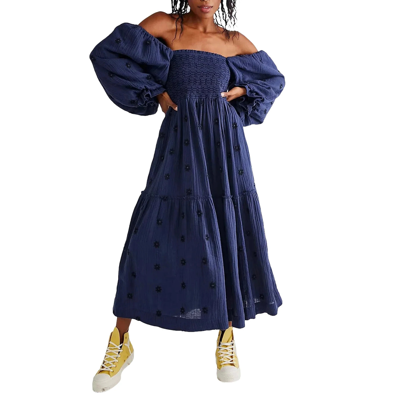 Women Summer Casual Long Dress 3D Embroidered Flowers Square Neck Puff Sleeve Dress Fashion Backless A-line Dress