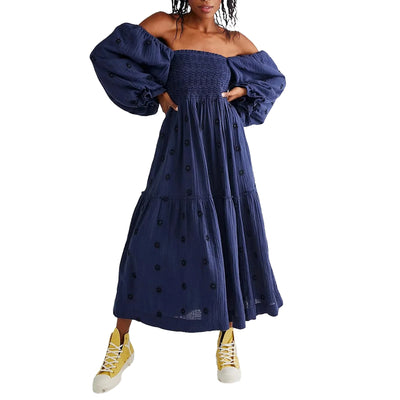 Women Summer Casual Long Dress 3D Embroidered Flowers Square Neck Puff Sleeve Dress Fashion Backless A-line Dress