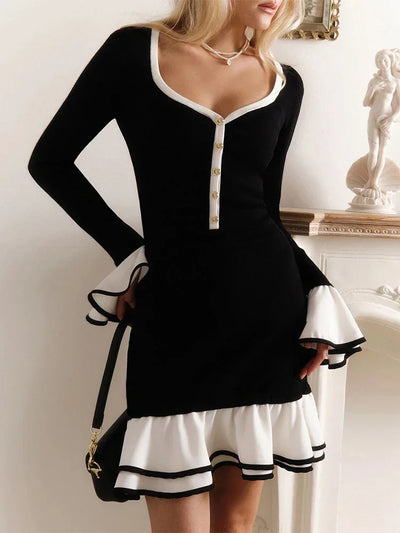 Ruffle Mini Dress for Women V Neck Bodycon Long Sleeve Short Dresses Femme Backless Bow Bandage Elegant Patchwork Dress