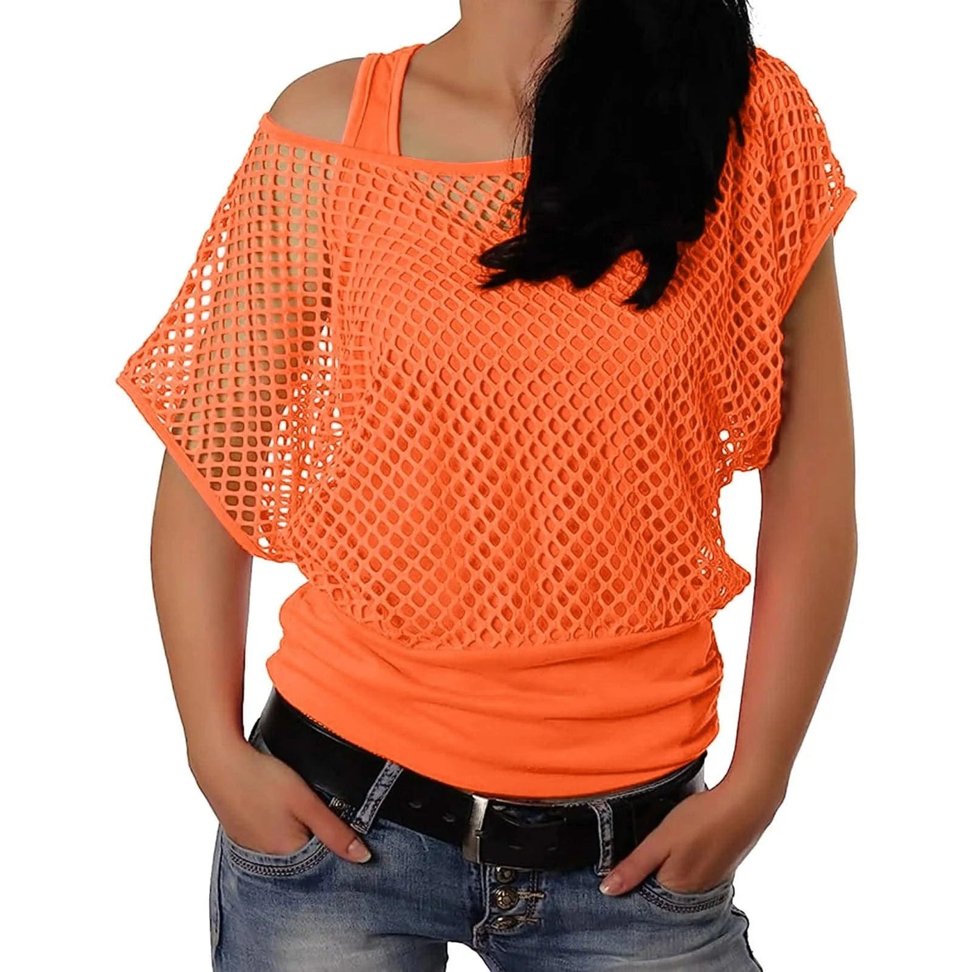 Women Shirts 80s Neon Fishnet Mesh Top Off Shoulder Tops