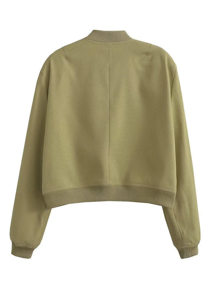 Women Fashion Solid Bomber Jackets Coat With Pockets V-Neck Single Breasted