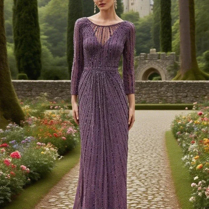 Jersey Sheath/Column Formal Evening Dress Purple O-Neck Pleat Beads Guest Wedding Party Dresses Mother of the Bride Dresses