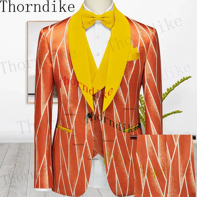 Thorndike Hot Sell Khaki Plaid Custom Made Classic Groom Tuxedo Groomsmen Best Man Suit Wedding Men's Blazer+Vest+Pants Costume