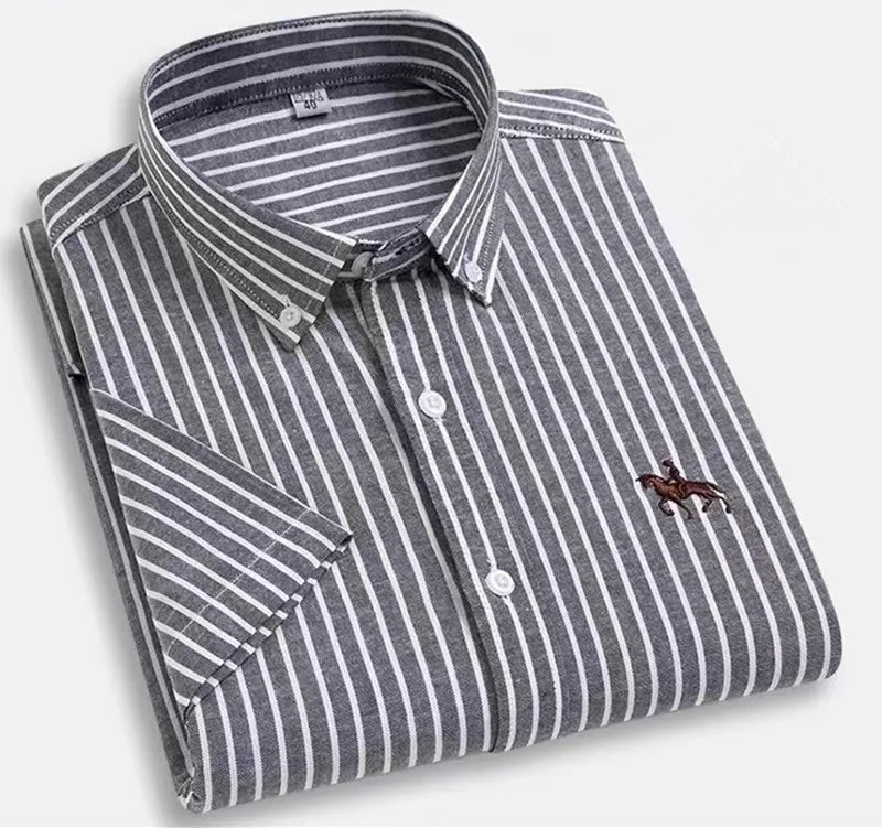 Oversized 5XL 6XL Oxford Shirts For Men 100% Cotton Short Sleeve Summer Leisure Striped Office Social Formal Blue Man Clothing