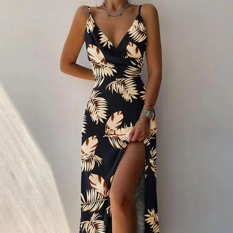 Summer Print Dresses For Women 2025 New Fashion Sexy Sleeveless Suspender V-neck Slit Print Slim Elegant Dress Beach Dresses Hot