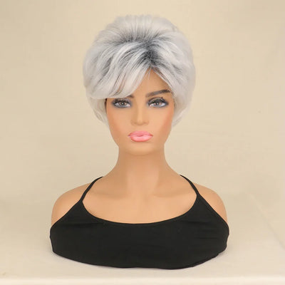 Women Short Hair Women Synthetic Wigs Mixed Gray White Pixie Cut HighLights Hair Wig Heat Resistant Fiber Wigs