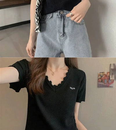 Oversized Summer Short Sleeve T-shirt Women's Foreign Style Versatile Slim Knitted Top Underlay