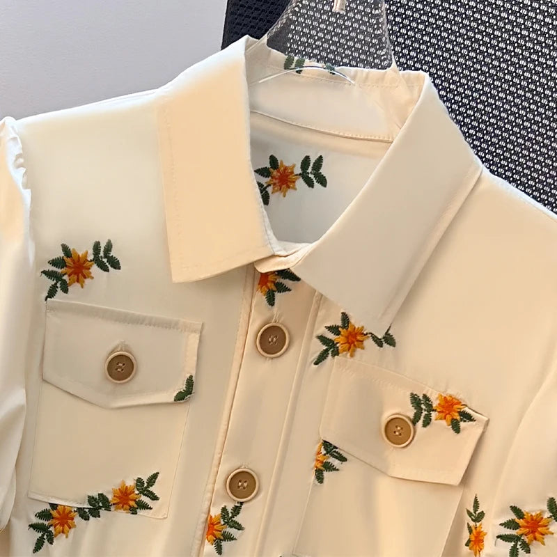Summer Cotton Linen Frence Women Aesthetic Shirts High Quality Embroidery Floral Puff Sleeve Single Breasted Lapel Polo Collar