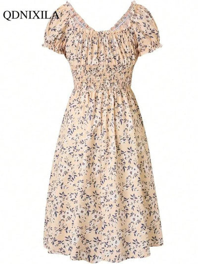 Summer Women Floral Print Dress V-neck Puff