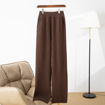 100% merino wool women's knitted trousers, fashionable, warm, drawstring, pockets, wide-leg pants, new autumn and winter 2024