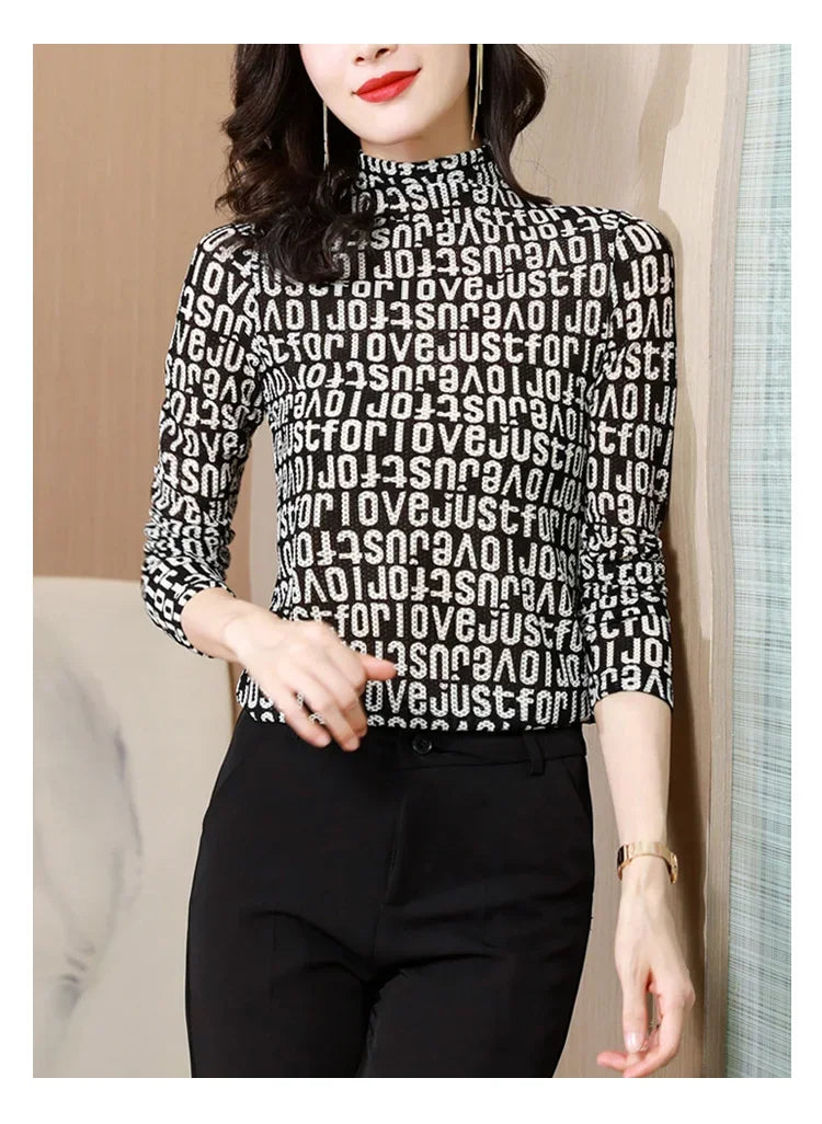 Printed Waffle Mesh T-shirts For Women New Autumn Slim-fit Base Half High Neck Strech Basic Tops Female