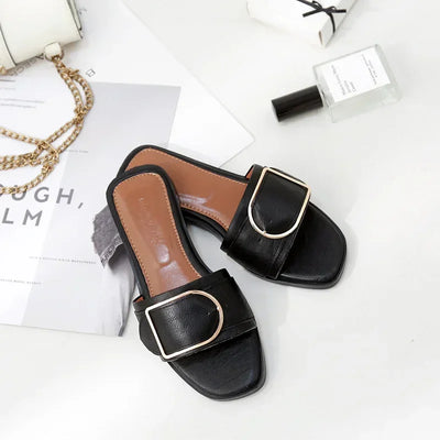Summer Women Slippers Leather Square Toe Women Flats Flip Flops Designer Ladies Slides Sandals Women Shoes Luxury Sandals