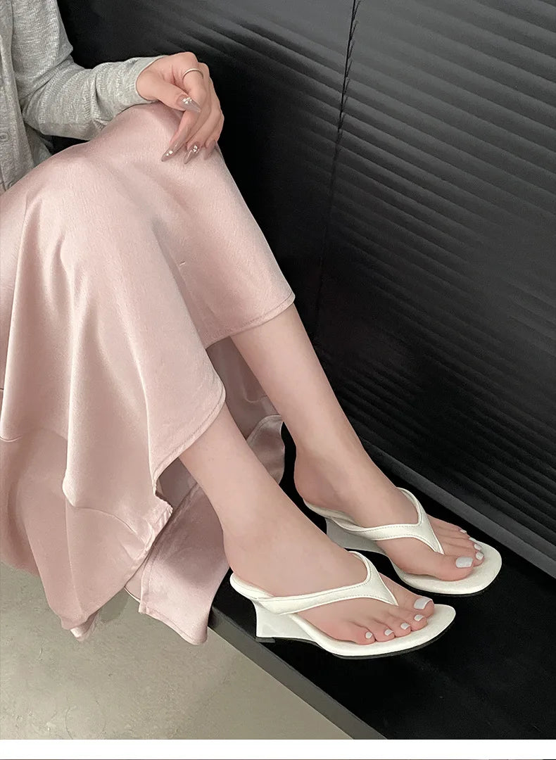 Women High-heeled Slippers 2025 Summer Clip Toe Flip Flop Fashion Pumps French Wedge Sandals Square Toe Ladies Shoes Sandalias