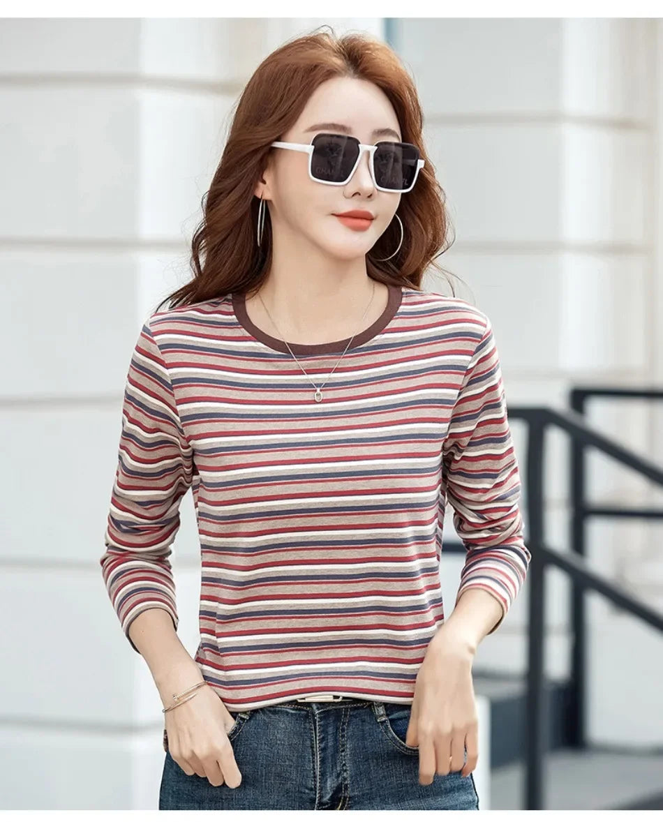 2024 New Women Clothing Crew Neck Striped Bottom Shirt Spring and Autumn Long Sleeve Tops T-Shirt Loose Interior Casual Top