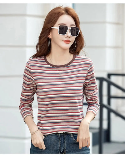 2024 New Women Clothing Crew Neck Striped Bottom Shirt Spring and Autumn Long Sleeve Tops T-Shirt Loose Interior Casual Top