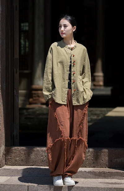 Cotton Linen Women's Literary Vintage Ramie Tops Shirt Women's Patchwork Colour Plate Button Lapel Cardigan Jacket Chinese Style