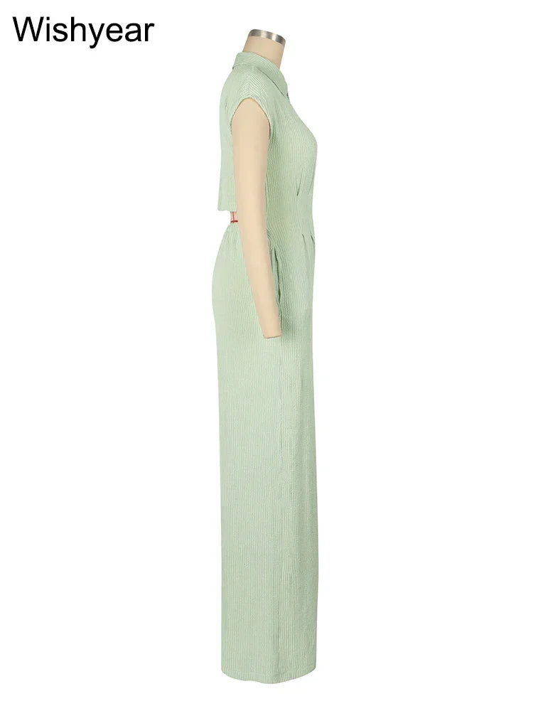 Women Casual Ribbing Loose Straight Jumpsuit Sleeveless Button High Waist One Pieces Wide Leg Rompers Summer Streetwear Overalls