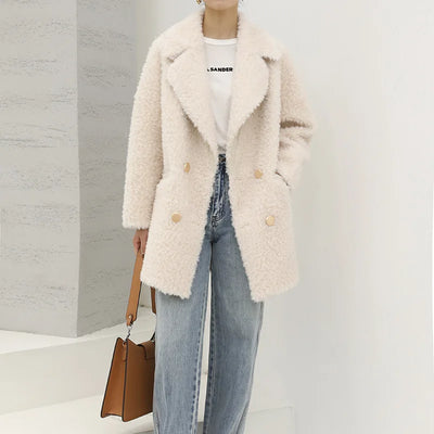 MENINA BONITA 2025 New  Luxury Winter Jacket Women's Coat Double-breasted Woven Real Natural Wool Fur Lapel Warm Loose Outerwear