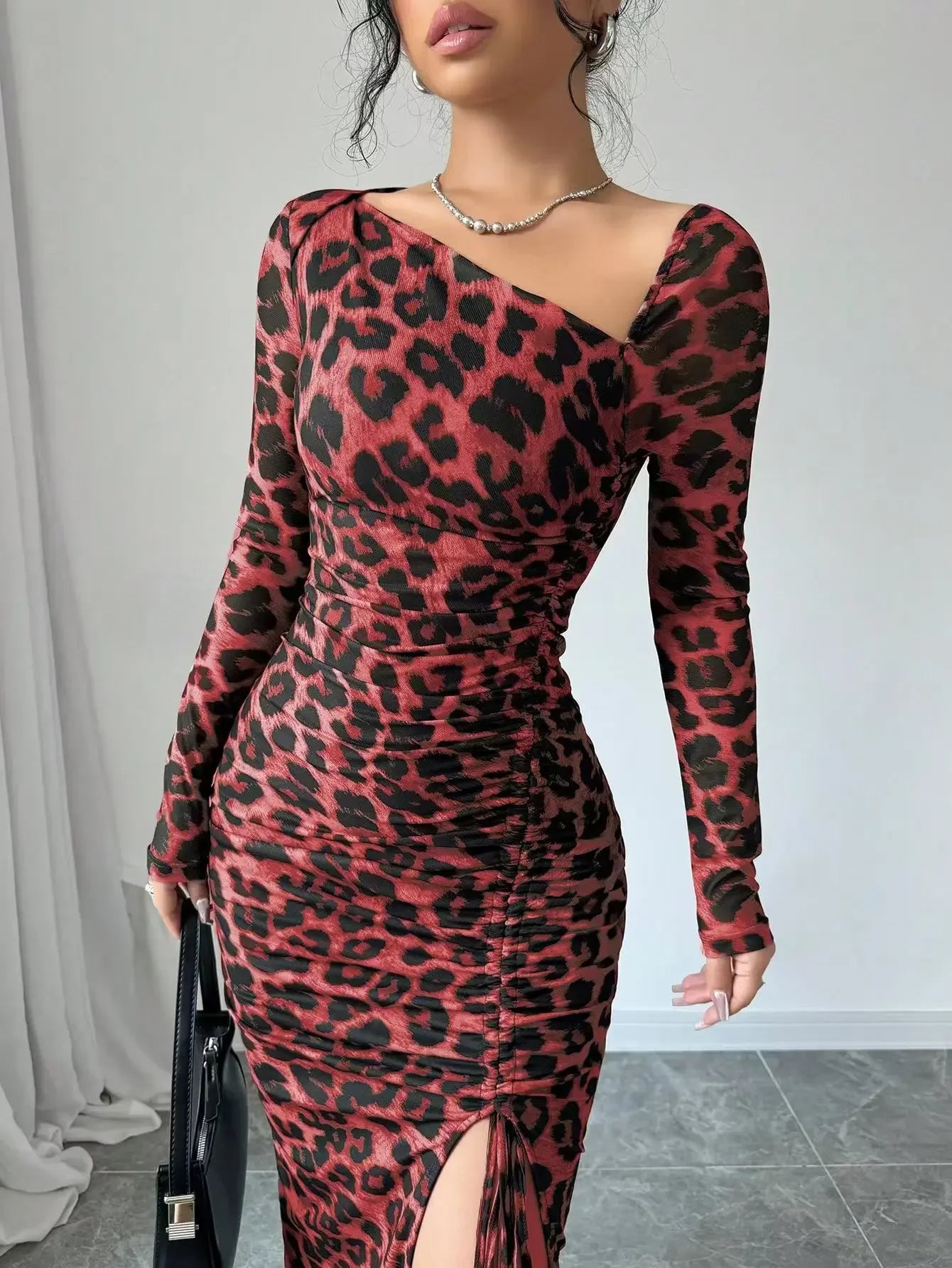 Sexy Leopard Print Women's Dresses Fashion Ruffled Sexy Slit Party Dress For Women Spring Summer  Bodycon Package hip Vestidos