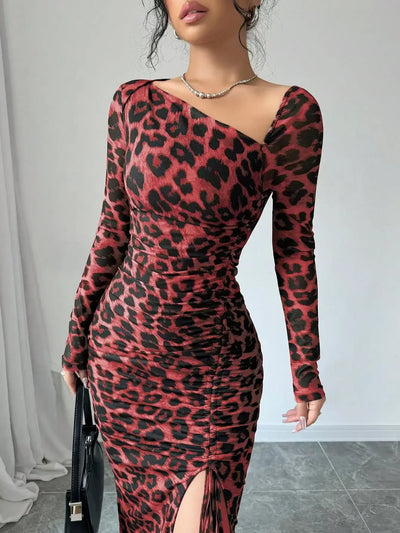 Sexy Leopard Print Women's Dresses Fashion Ruffled Sexy Slit Party Dress For Women Spring Summer  Bodycon Package hip Vestidos
