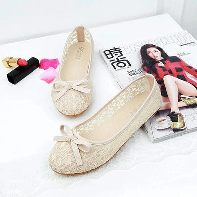 Women Fashion Lace Slip On Cut Outs Bow Ballet Breathable Flats Shoes