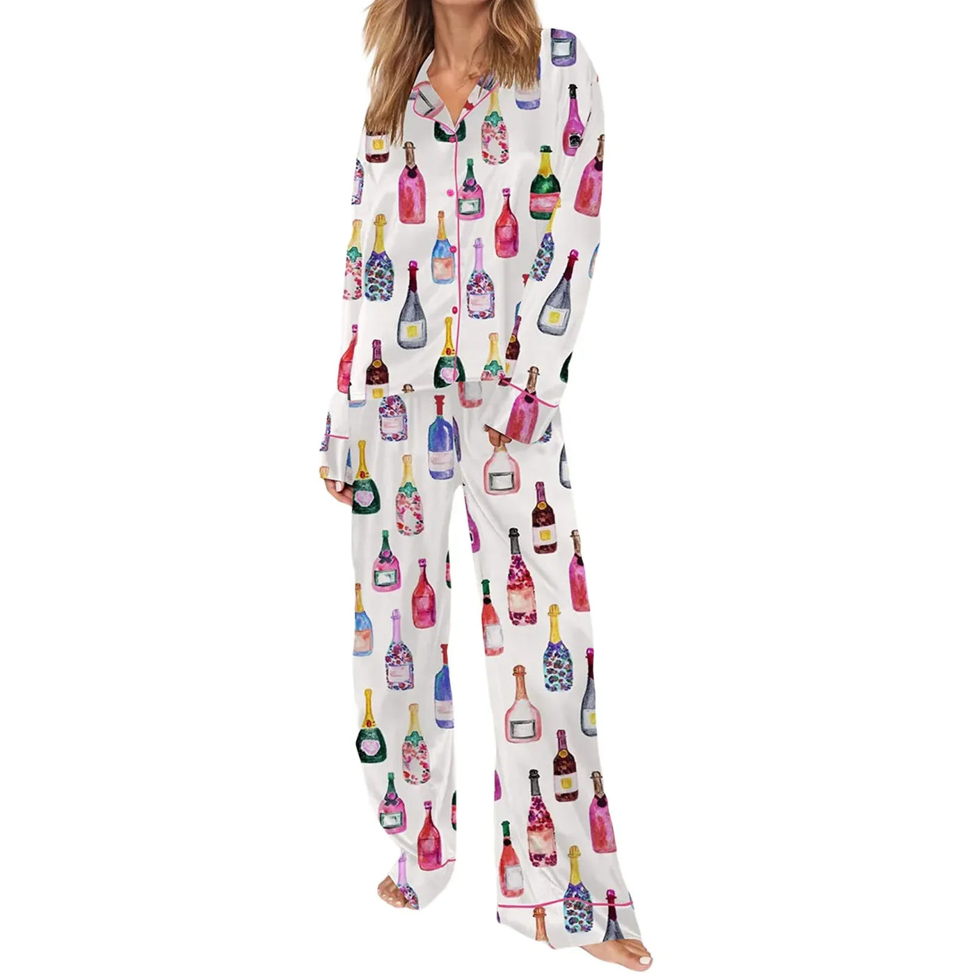 Womens Satin Pajamas Sets  2 Piece Set Champagne Bottle Wine Glasses Long Sleeve Button down Shirt Pants Satin Silk Loungewear