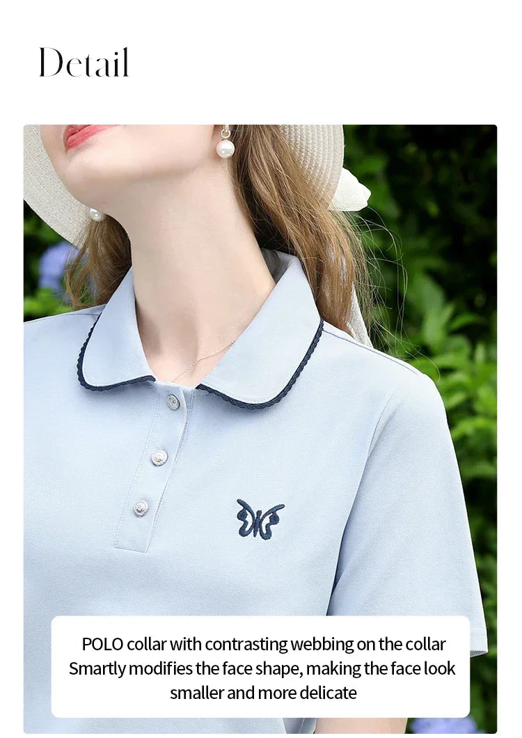 I BELIEVE YOU Blue Polo Collar T-shirt Top for Women Summer 2025 Butterfly Embroidered Breathable Short Sleeve Tees 2252015969