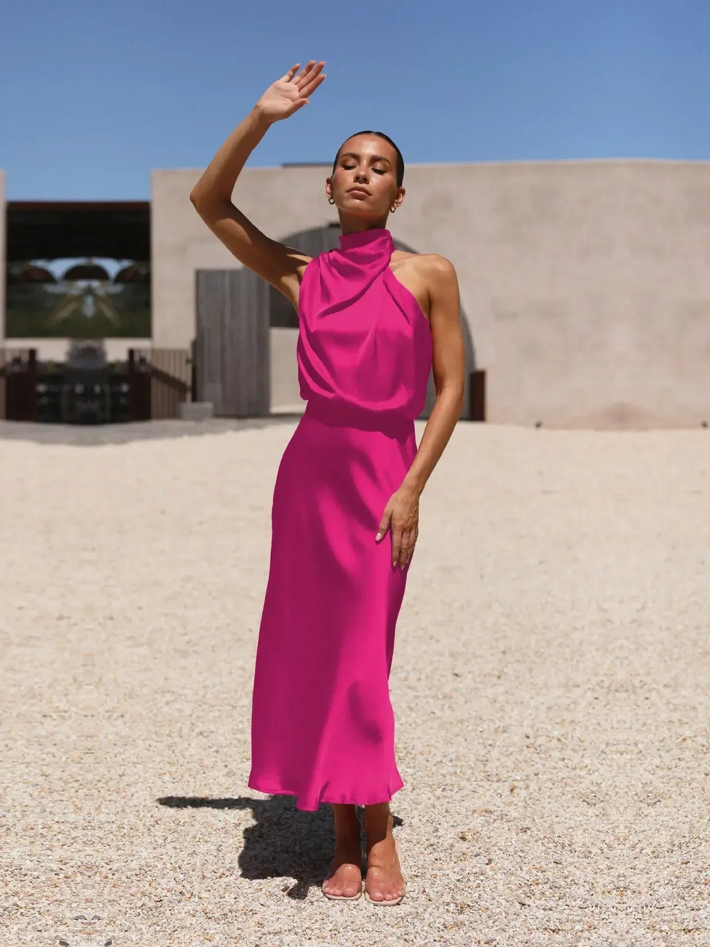 2025 Spring/Summer Long Dress for Women High Waist Halter Satin Sleeveless Dress Fashion Elegant Solid Evening Party Dresses