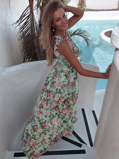Summer Women Dress Floral Print Fashion Slim V-Neck Tie-Up Backless Chiffon Sexy Sleeveless Slit Maxi Cover-Ups Robe Beach Dress