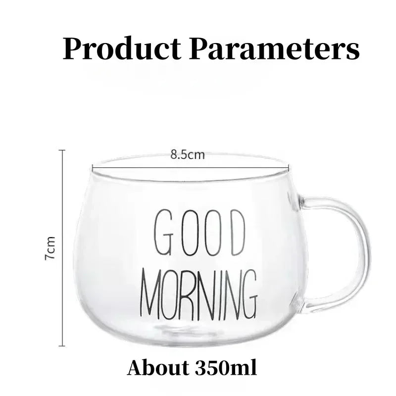 350ml Letter Printed Transparent Creative Glass Coffee Tea Mug Drinks Dessert Breakfast Milk Cup Glass Mugs Handle Drinkware