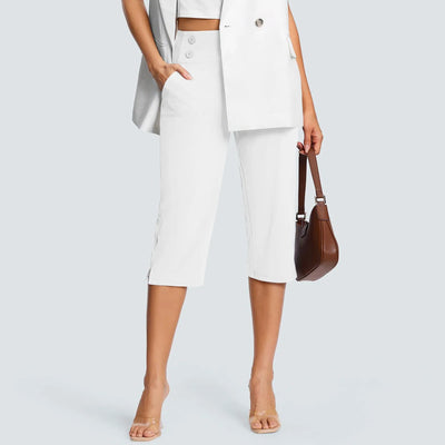 Women Elastic High Waist 3/4 Pant Casual Active Fit Wide Capris Leg Pants Trousers With Pockets Pants Woman брюки женские