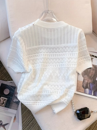 Women's T-Shirts Summer Thin Hollow Out Crew Neck Pullover Sweater Versatile Short Sleeve Knitted Top Women's Clothing