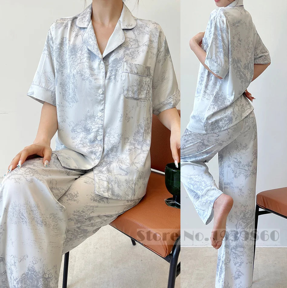 Fashion Elegant Female Pajamas Lounge Wear Set Sexy Print Flower Sleepwear Trouser Suits Spring Summer Loose Satin Home Wear