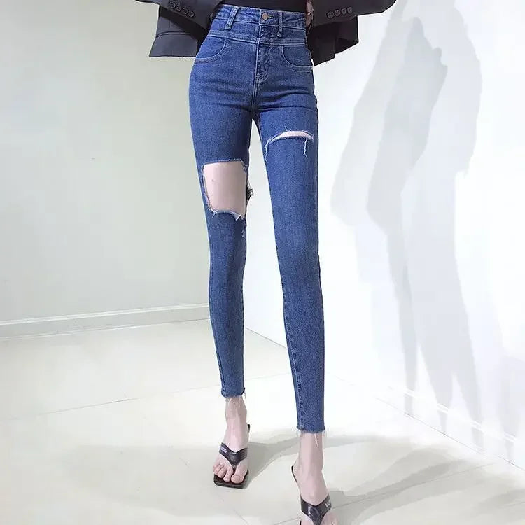 Skinny Pencil Slim Fit Women's Ripped Jeans 90s South Korea Cheap Summer Cowboy Pants for Woman Korean Fashion Xxl Torn Trousers