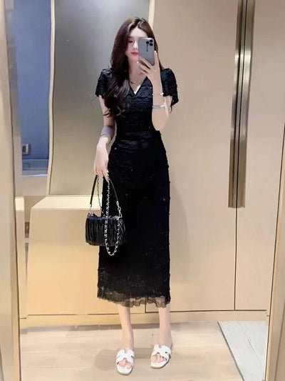 Elegant Sexy Crochet Flower Short Sleeve V Neck Dress, Slim Fit High Waisted Lace Up Dress for Women