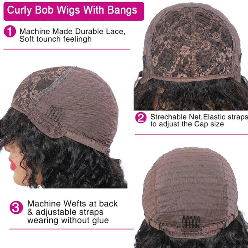 Curly Wig With Bangs Kinky Curly Human Hair Wig With Bangs Full Machine Made Frontal Wig 12A Water Wave Virgin Human Hair Wigs