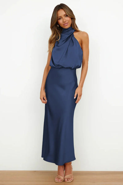 2025 Spring/Summer Long Dress for Women High Waist Halter Satin Sleeveless Dress Fashion Elegant Solid Evening Party Dresses