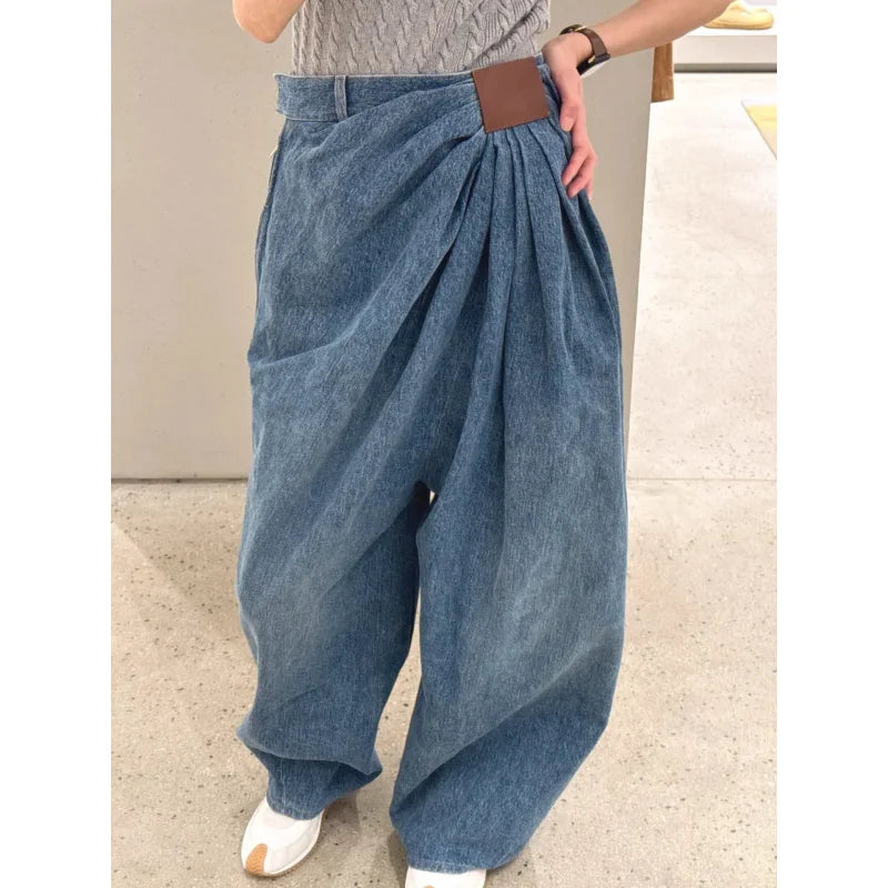 American Wide Leg Denim Pants For Women In Spring And Autumn Fashionable Pleated Design Loose Floor Length Pants