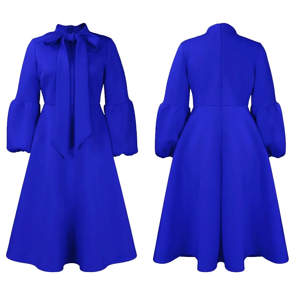 Elegant Dresses for Women Bow Collar Full Sleeve High Waisted Pleated Mid Calf Luxury Birthday Party Dinner Vestidos Mujer Dress
