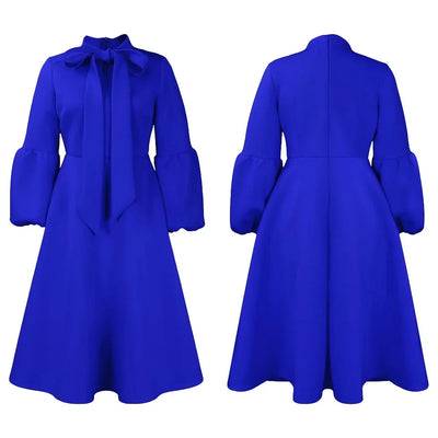 Elegant Dresses for Women Bow Collar Full Sleeve High Waisted Pleated Mid Calf Luxury Birthday Party Dinner Vestidos Mujer Dress