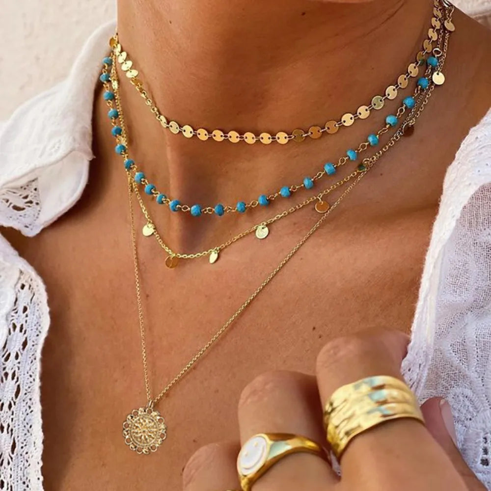 Seulement Gold Plated Layering Necklaces for Women Bohemian Style Turquoise Curb Link Tassels Chain Circle Pendants for Women