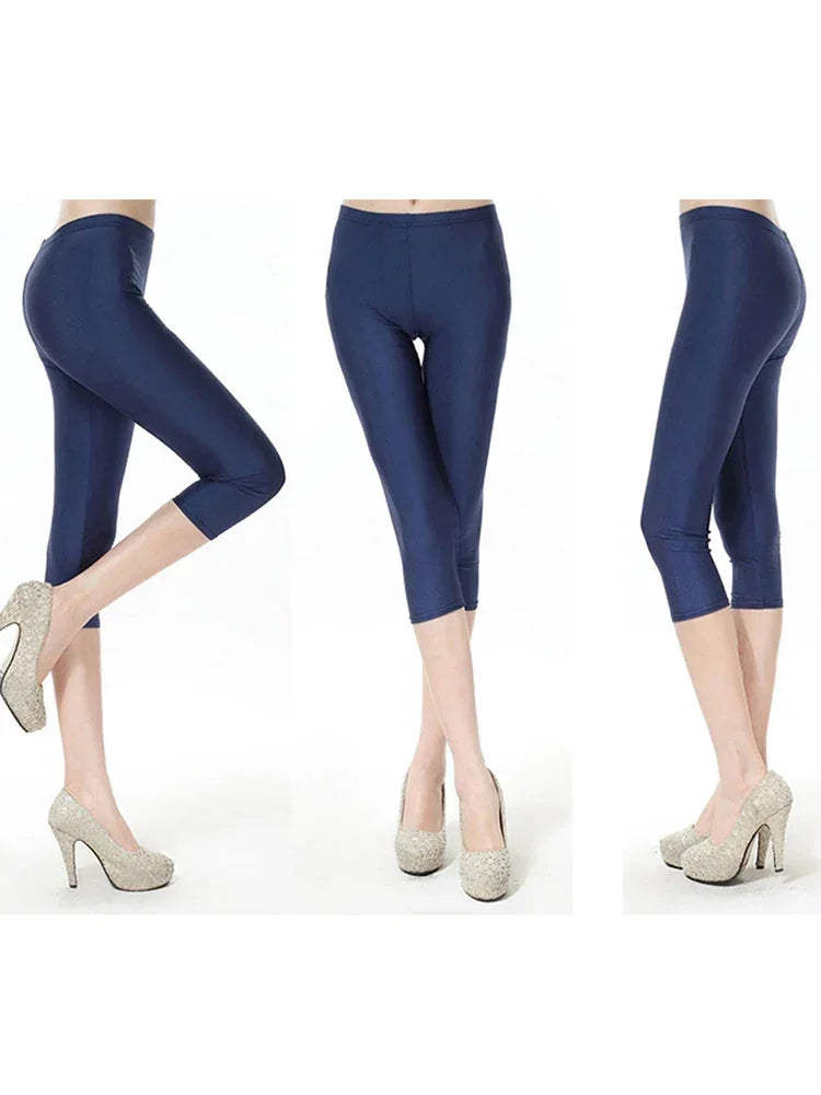 CUHAKCI Fluorescent Color Women Leggings Shiny Leggins Spandex Pants Summer Super Elastic Fitness Capris