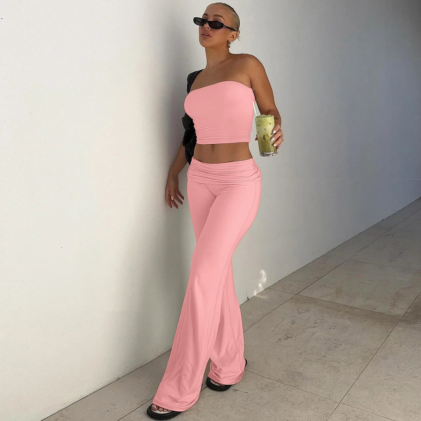 Women's Clothing 2025 Spring Fashion New Item Solid Color Strapless Top Flared Pants Fashionable Slim Fit Sports Suit for Women
